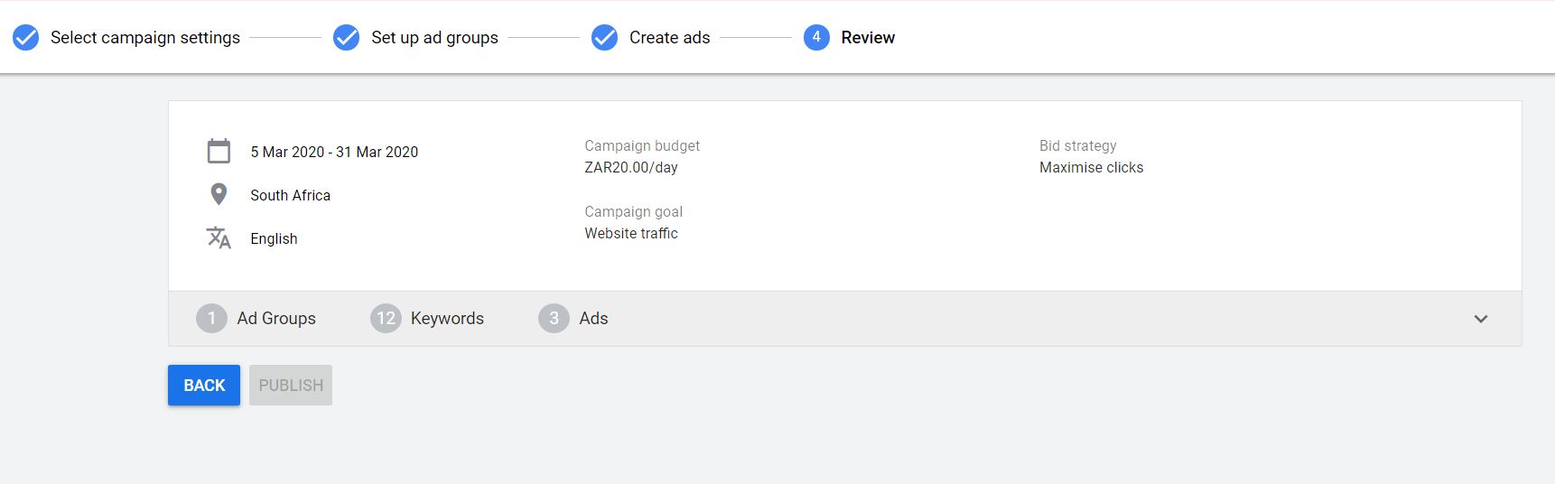 Screenshot of Ad Review and Publishing google ads